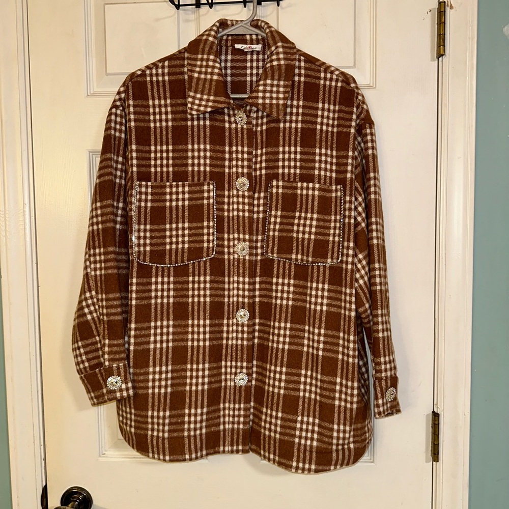 Plaid Chestnut And White With Rhinestones & Crystal Buttons Shacket/Jacket
